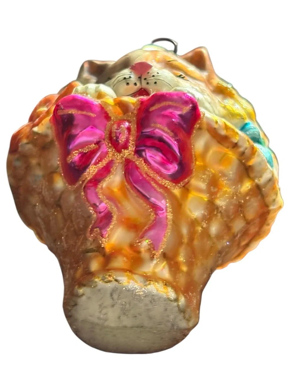 Christopher Radko Glass Ornament Kitty Cat and Flower Basket Retired 2002